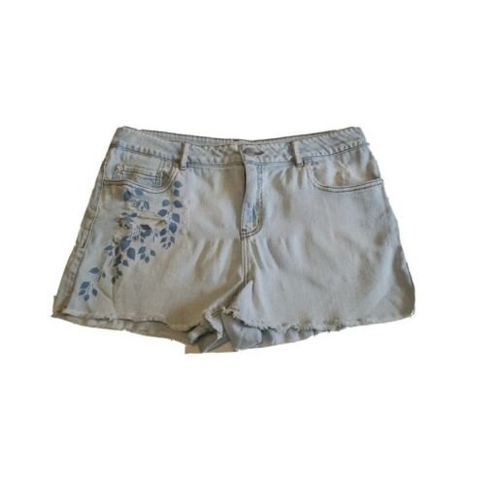 Womens Denim Shorts 33" Waist Embroider  Light Wash Blue Frayed Hem Distressed